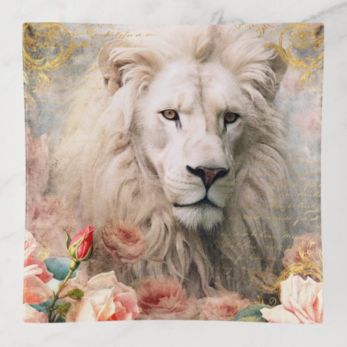 White Lion and Pink Roses Trinket Tray