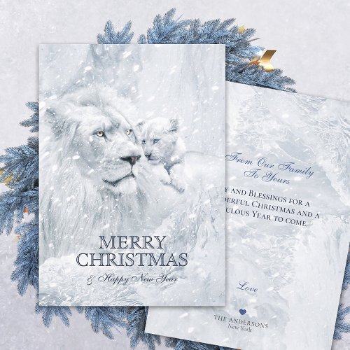 White Lion Father  Son on Snow _ Christmas Card