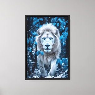White Lion in Blue Forest Framed Canvas Wall Art