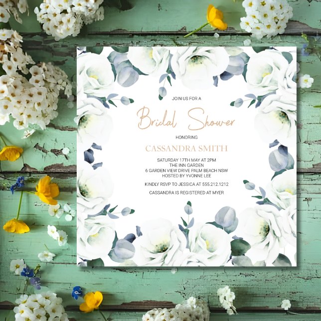 White Lisianthus Succulent Floral Bridal Shower   Invitation (Creator Uploaded)