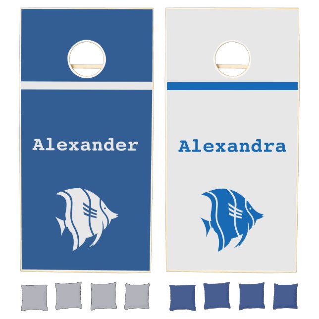 White lite grey and Blue angel fish w/ names Cornhole Set (Set)