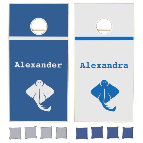 White lite grey and Blue Manta Ray w names Cornhole Set