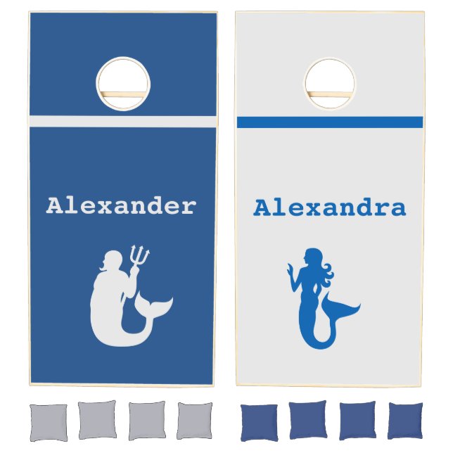 White lite grey and Blue mermaid man w/ names Cornhole Set (Set)