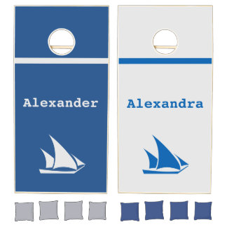 White lite grey and Blue Sail boat w/ names Cornhole Set