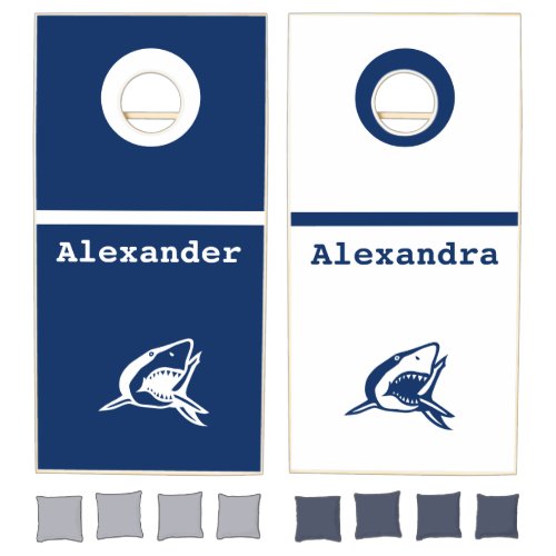 White lite grey and Blue Sharks w names Cornhole Set