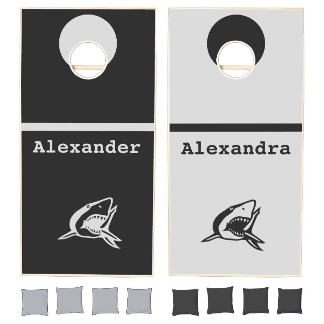 White Lite Grey and Dark Grey Sharks w/ names Cornhole Set (Set)