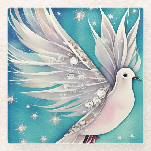 White little dove with ethereal wings glass coaster (Front)