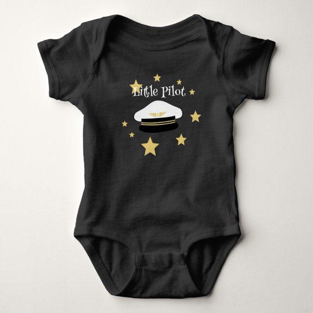 White little pilot hat, gold stars, flight aviator baby bodysuit (Front)