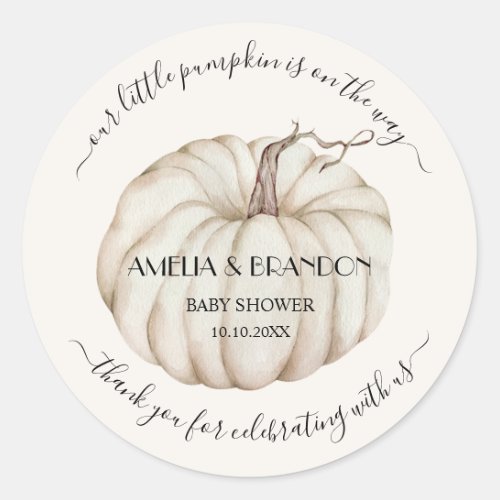 White Little Pumpkin Baby Shower Thank You Classic Round Sticker