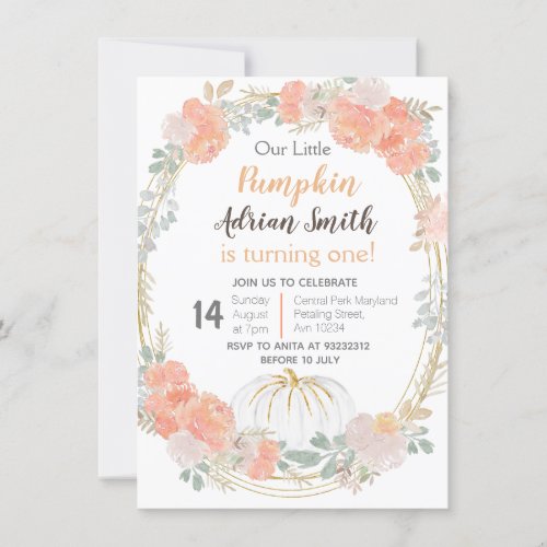 White Little Pumpkin Fall Birthday Autumn Invitation