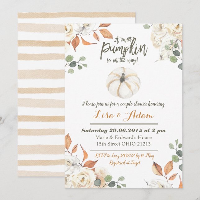 White Little Pumpkin is on the way couple shower Invitation (Front/Back)