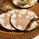 White Little pumpkin kraft fall baby shower Round Paper Coaster<br><div class="desc">A little pumpkin is on the way! Celebrate your baby shower this fall autumn with this cute hand painted white watercolor pumpkins and elegant modern calligraphy typography on rustic brown kraft baby shower coaster.</div>