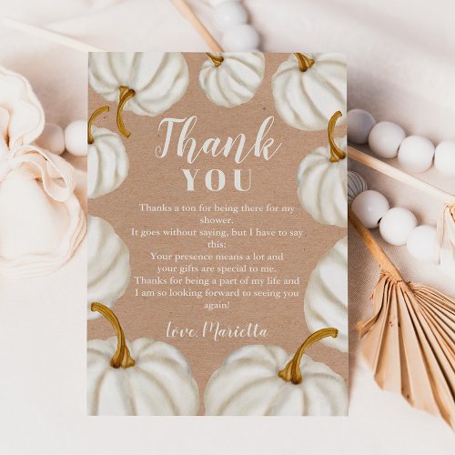 White Little pumpkin kraft fall baby shower Thank You Card