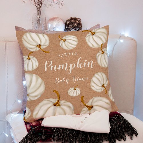 White Little pumpkin kraft fall baby shower Throw Pillow