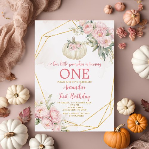 White Little Pumpkin Pink Floral Gold 1st Birthday Invitation