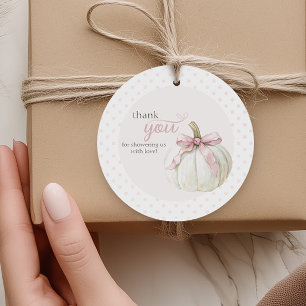 White Little Pumpkin Pink Polka Dots Thanks Favor Tags
