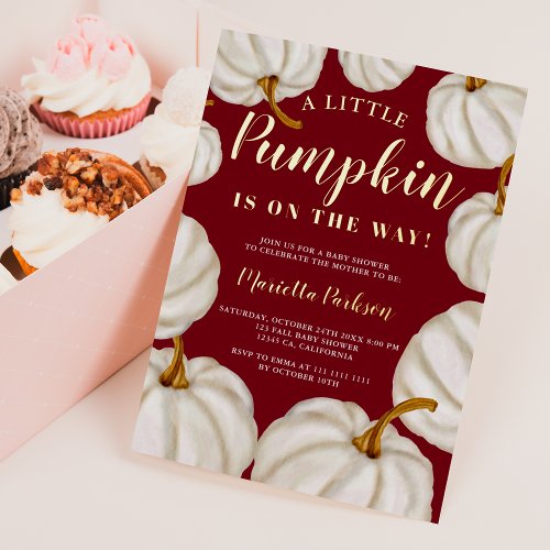 White Little pumpkin red fall baby shower Foil Invitation