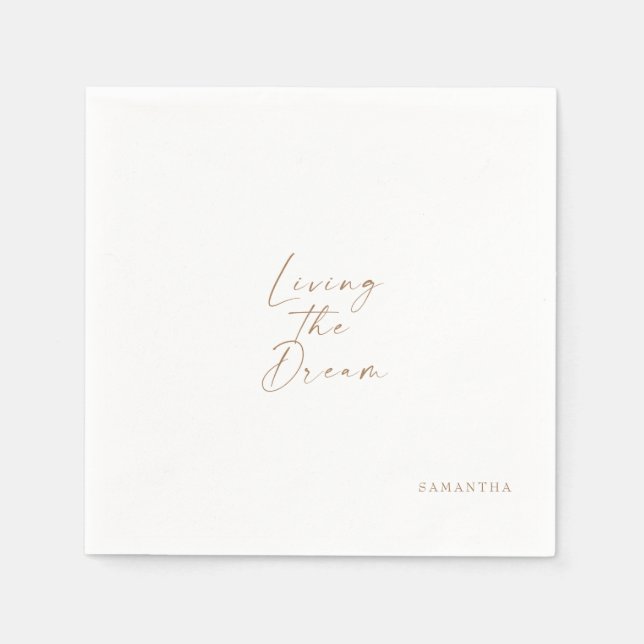White Living the Dream Gold Typography Custom Napkins (Front)
