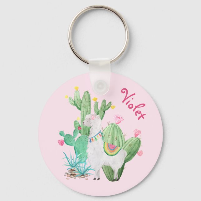 White Llama & Cactus w Flowers - Pastel Pink Keychain (Front)