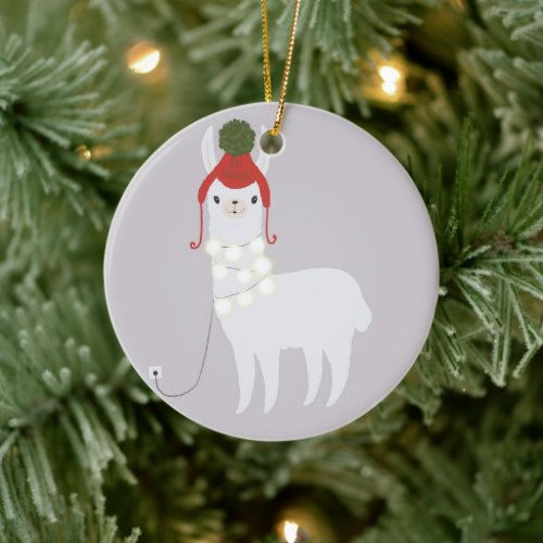 White Llama Christmas Lights Plugged In Ceramic Ornament