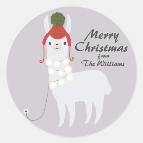 White Llama Christmas Lights Plugged In Classic Round Sticker