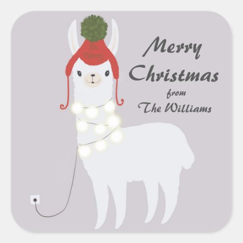 White Llama Christmas Lights Plugged In Square Sticker