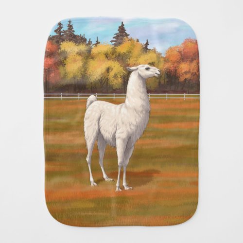 White Llama in Autumn Farm Pasture Baby Burp Cloth