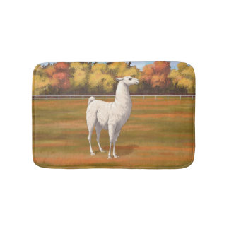 White Llama in Autumn Farm Pasture Bath Mat
