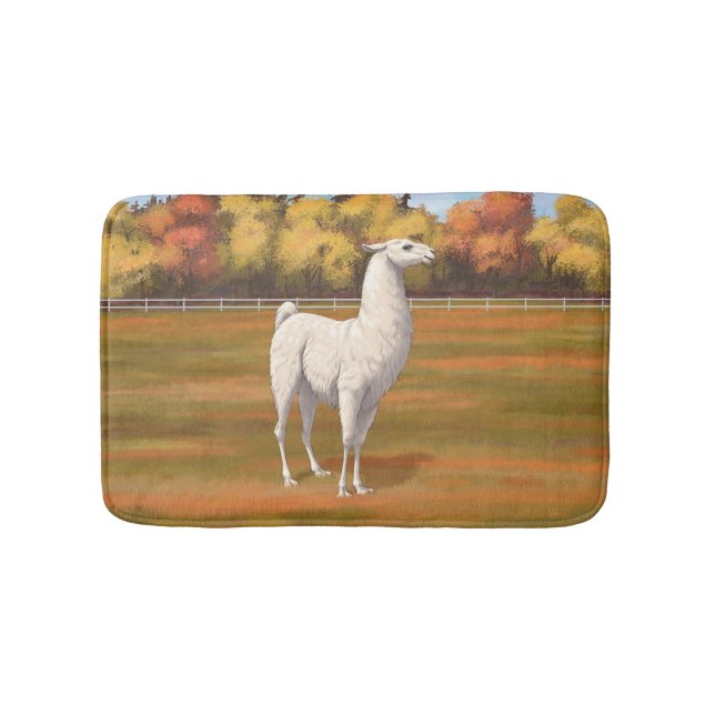 White Llama in Autumn Farm Pasture Bath Mat (Front)