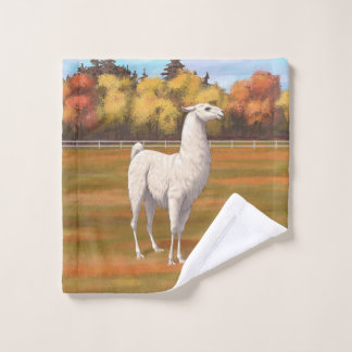 White Llama in Autumn Farm Pasture Bath Towel Set