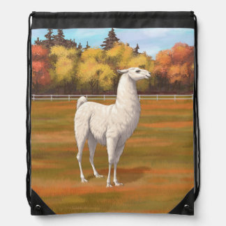 White Llama in Autumn Farm Pasture Drawstring Bag