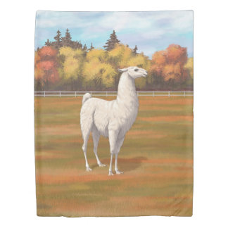 White Llama in Autumn Farm Pasture Duvet Cover