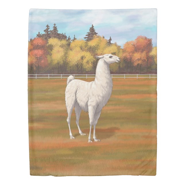 White Llama in Autumn Farm Pasture Duvet Cover (Front)