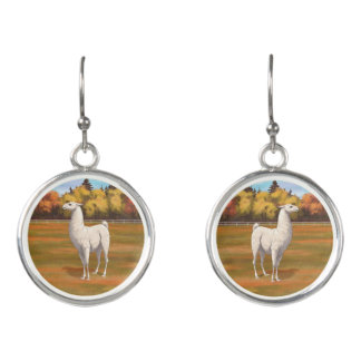 White Llama in Autumn Farm Pasture Earrings