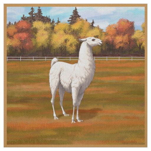 White Llama in Autumn Farm Pasture Fabric