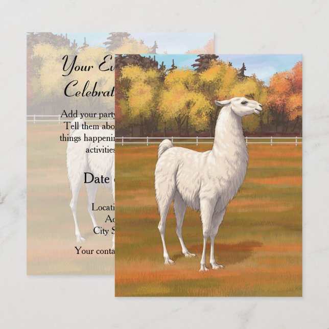 White Llama in Autumn Farm Pasture Invitation (Front/Back)