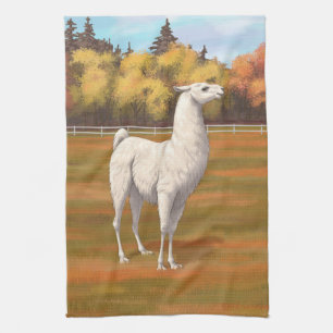 White Llama in Autumn Farm Pasture Kitchen Towel
