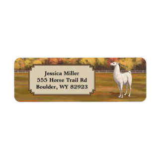 White Llama in Autumn Farm Pasture Label