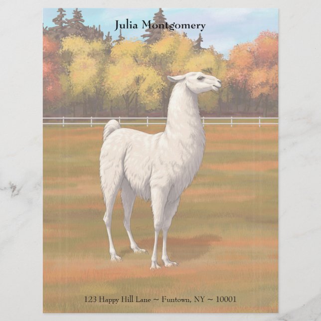 White Llama in Autumn Farm Pasture Letterhead (Front)