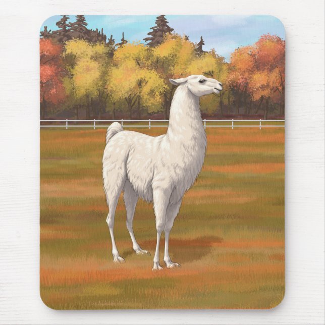 White Llama in Autumn Farm Pasture Mouse Pad (Front)