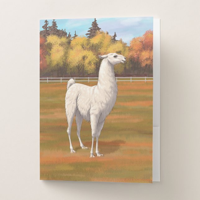 White Llama in Autumn Farm Pasture Pocket Folder (Front)