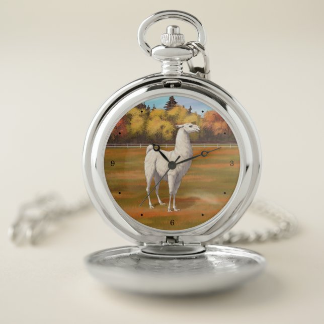 White Llama in Autumn Farm Pasture Pocket Watch (Inside)