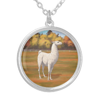 White Llama in Autumn Farm Pasture Silver Plated Necklace