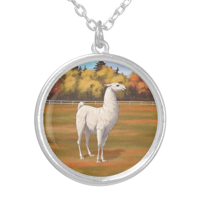 White Llama in Autumn Farm Pasture Silver Plated Necklace (Front)