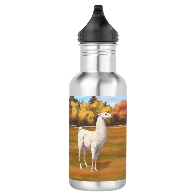 White Llama in Autumn Farm Pasture Stainless Steel Water Bottle (Right)