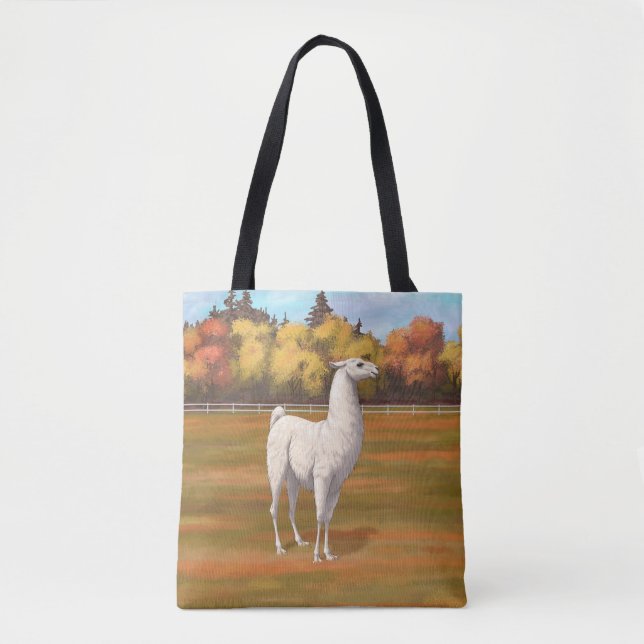 White Llama in Autumn Farm Pasture Tote Bag (Front)