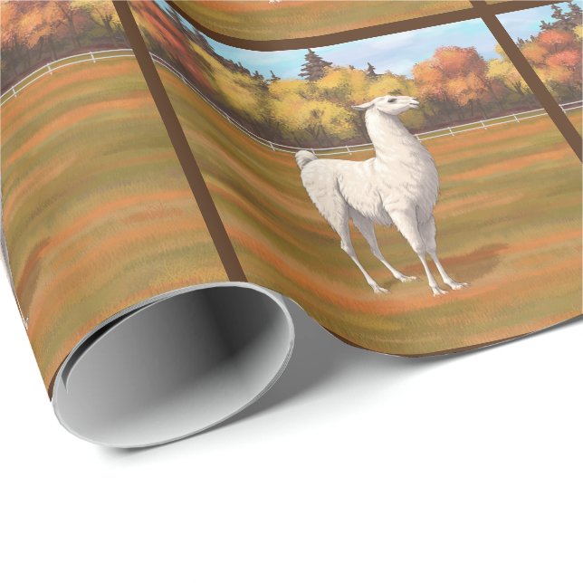 White Llama in Autumn Farm Pasture Wrapping Paper (Roll Corner)