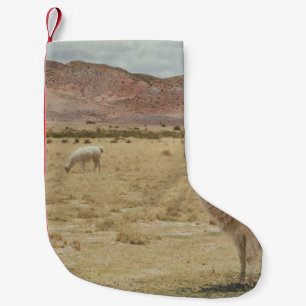 WHITE LLAMA ON BROWN GRASS SMALL CHRISTMAS STOCKING