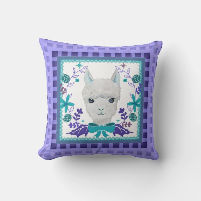 White Llama Purple Lavender Blue-Green Nursery Throw Pillow (Front)