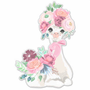 White Llama with Pink Flowers Sticker